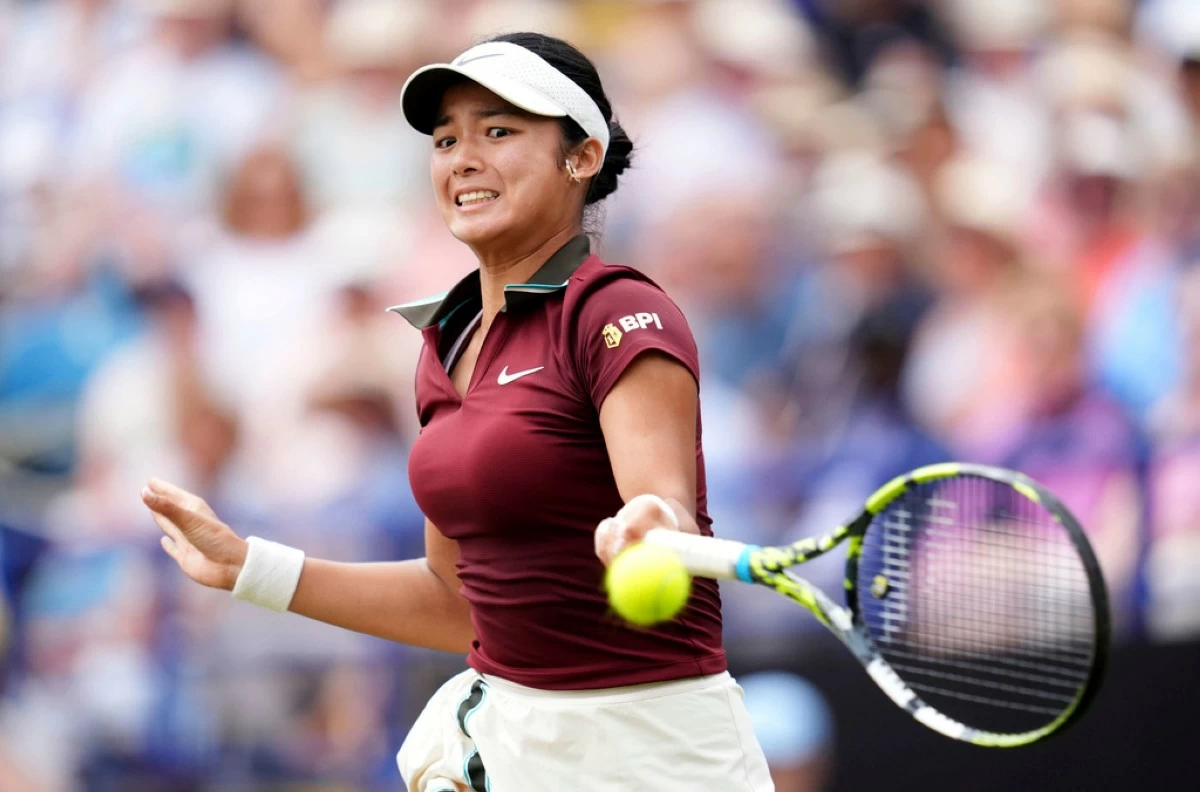 Alexandra Eala of the Philippines in action against Maya Joint of Australia in the Women's singles Final during day six of the Eastbourne Open at Devonshire Park Lawn Tennis Club, Eastbourne, England, Saturday June 28, 2025. (Adam Davy/PA via AP)