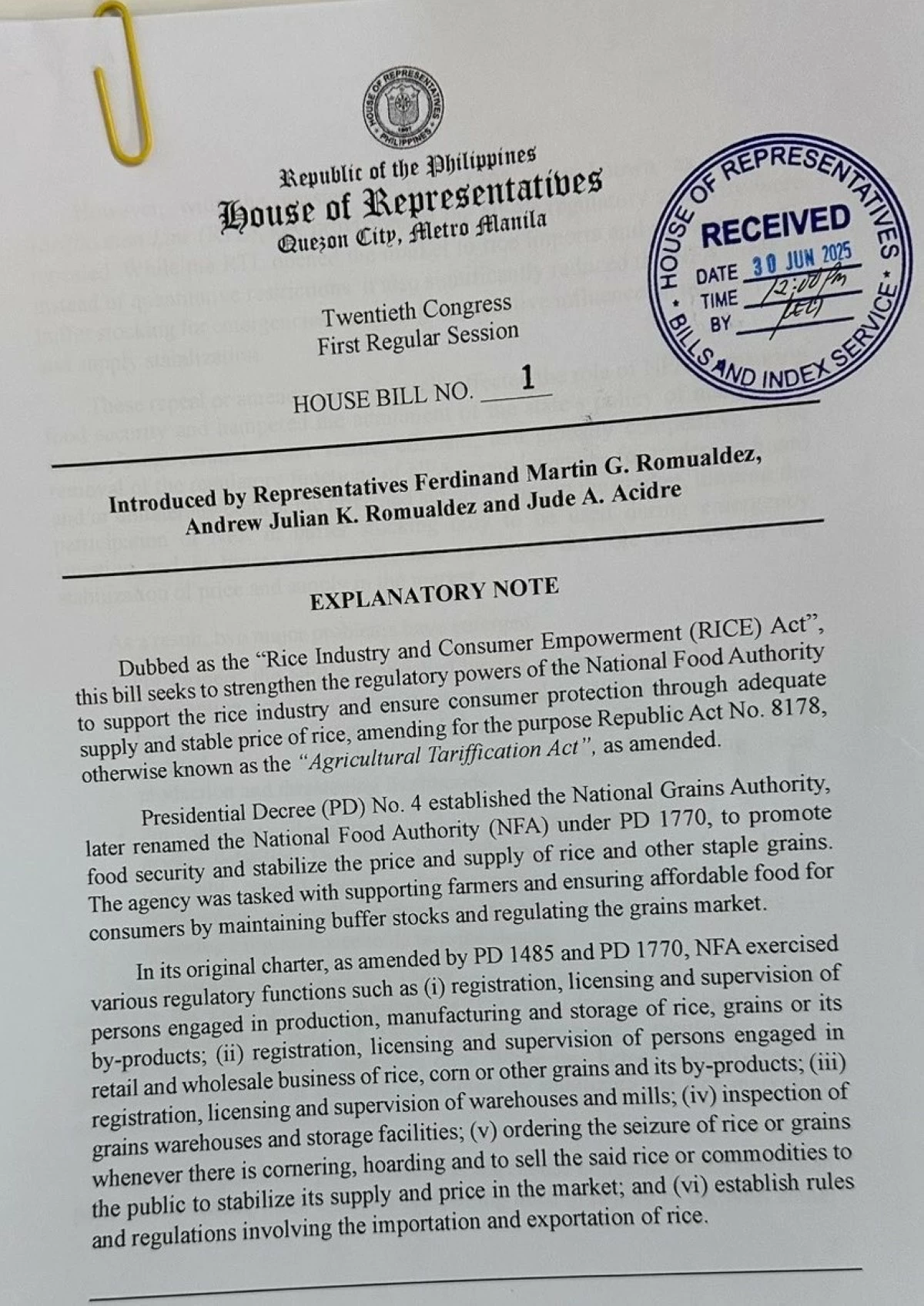 First page of the proposed RICE Act or HB No.1 (Speaker’s office)