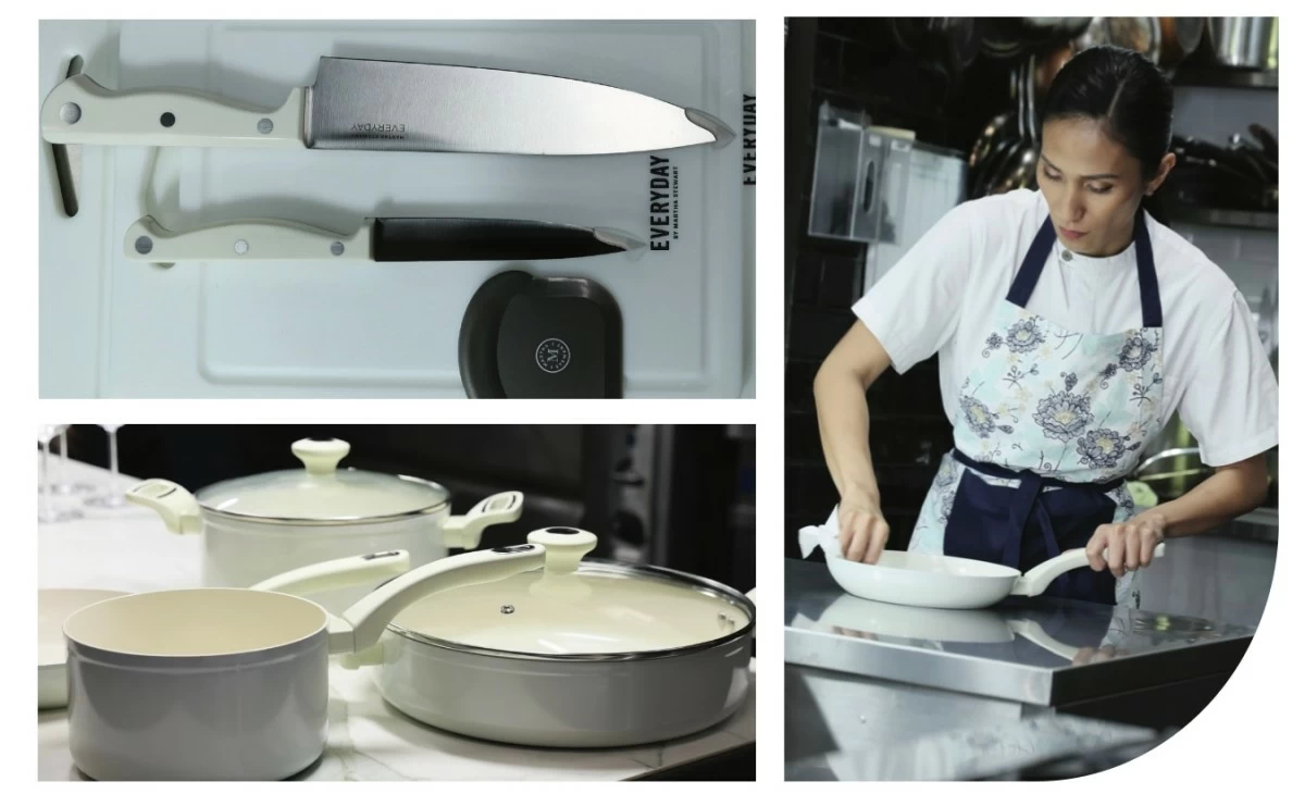 CULINARY TOOLS Clockwise from top left: Martha Stewart cutlery Set and Fayer Cutting Board set; Chet Rhea with the Martha Stewart Rexford Forged Aluminum Grill Pan; and Martha Stewart Rexford Forged Aluminum Sauce Pan, Dutch Oven, and Sauté Pan with Lid.