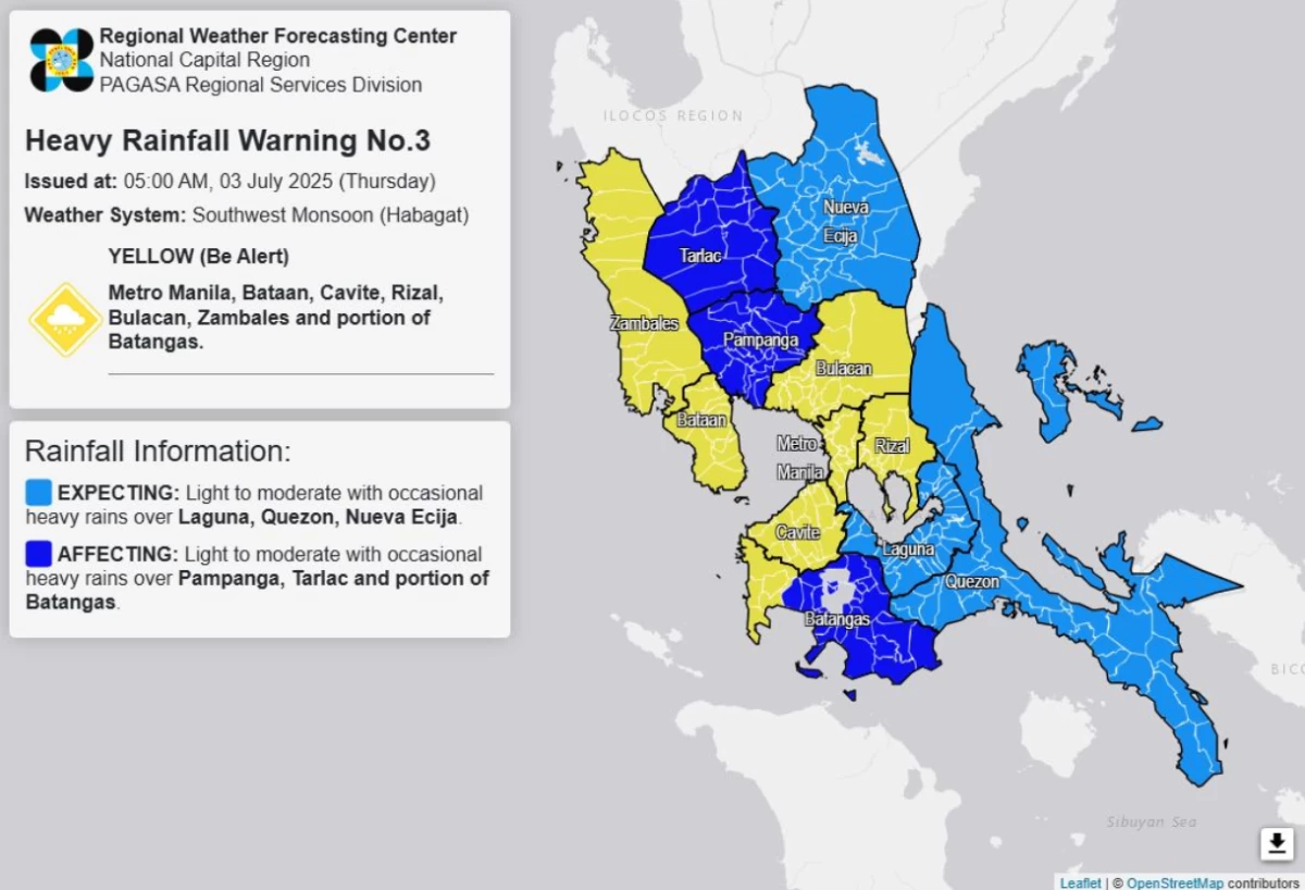 Heavy Rainfall Warning issued by PAGASA at 5:00 a.m. (Image from PAGASA-National Capital Region PRSD's Facebook page/MANILA BULLETIN)