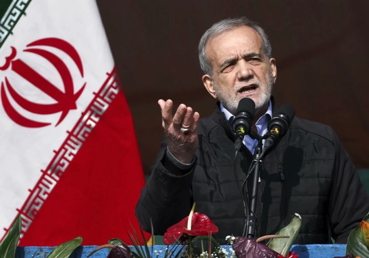 FILE - This photo released by the Iranian Presidency Office, President Masoud Pezeshkian speaks during a rally on Feb. 10, 2025, in Tehran, Iran. (Iranian Presidency Office via AP, File)