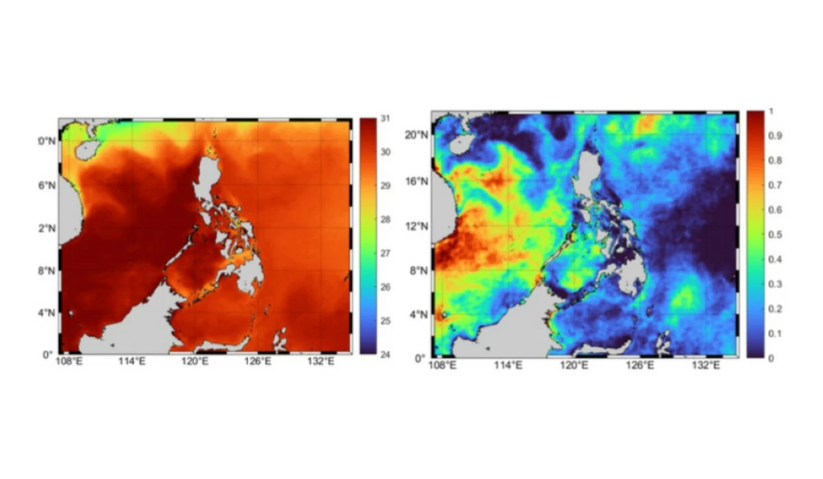 RECORD-BREAKING HEAT—Sea surface temperatures (left) and marine heatwave anomaly (right) around the Philippines in May 2024, at the tail end of the El Niño event. The bar graphs show sea surface temperature values (in °C) and the severity of marine heatwave anomalies (in °C), respectively. (Figures courtesy of Rachel Francisco)