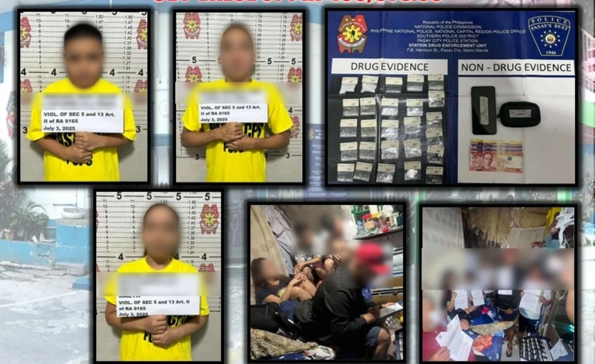 The arrested suspects and confiscated pieces of evidences (Photo from Pasay City Police)