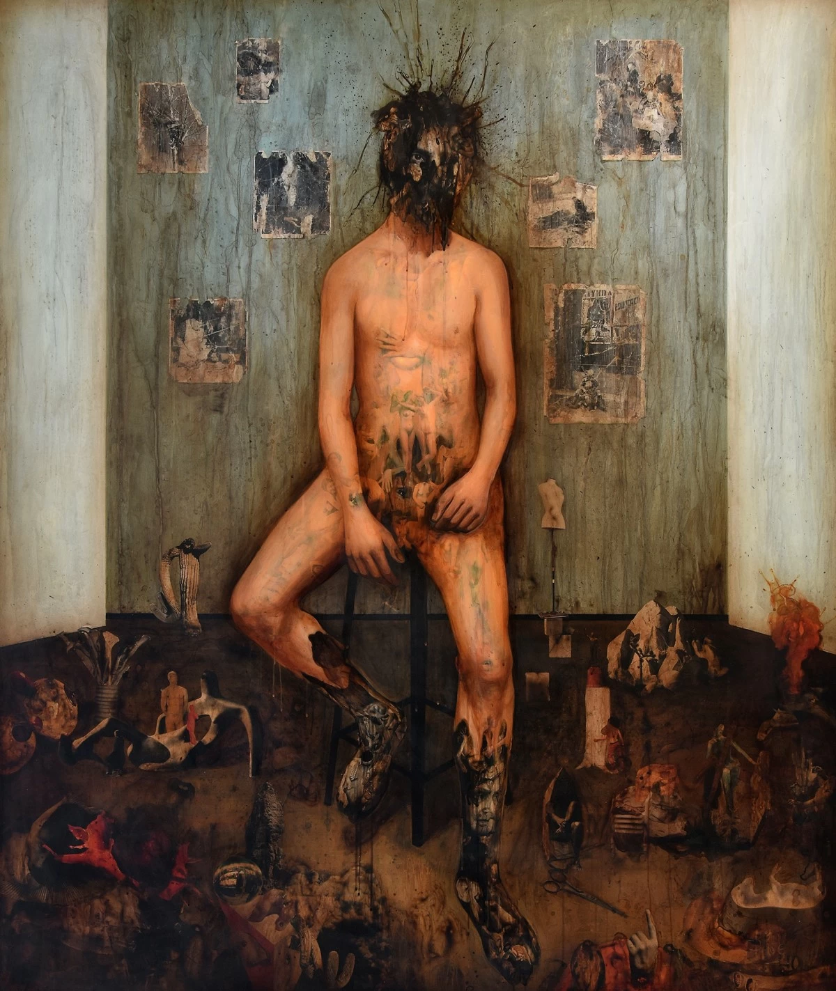 'THE INVENTION OF HYSTERIA,' 72x60 inches, acrylic, collage, and polyurethane on canvas, 2025