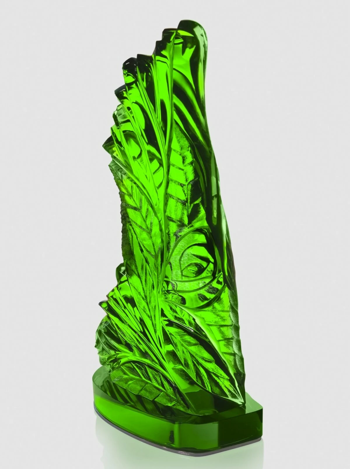'GREEN ROSE (NEW BEGINNINGS),' carved apple green glass, 21x10x3 inches, Ramon Orlina, 2025