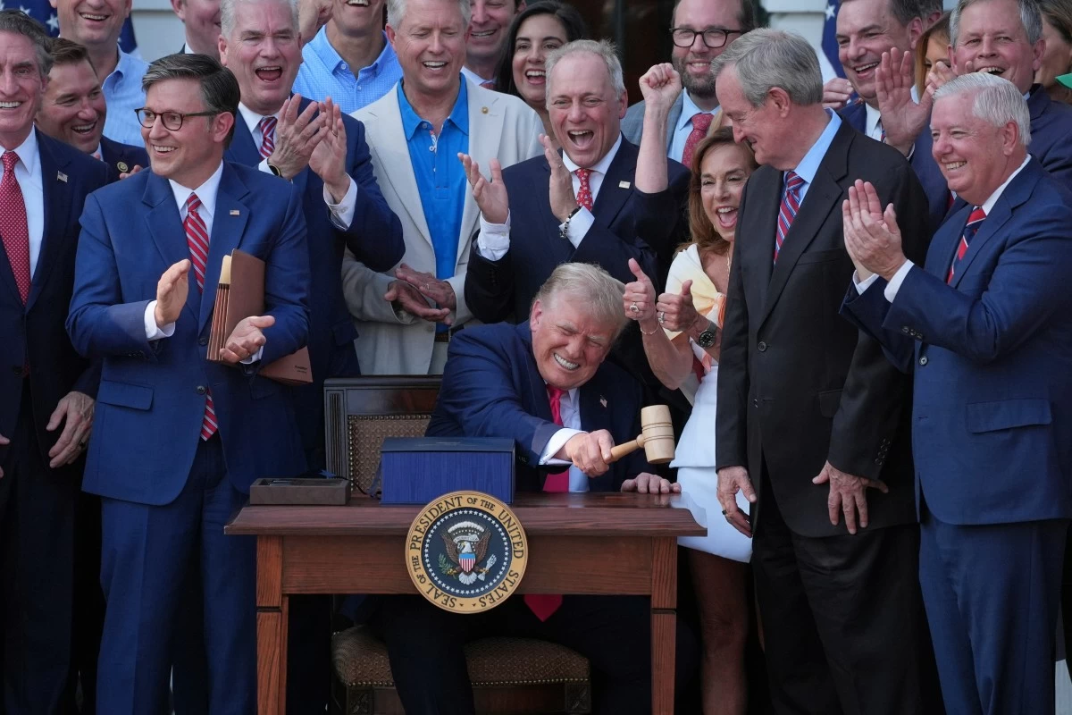PRESIDENT Donald Trump bangs a gavel presented to him by House Speaker Mike Johnson of Louisiana after he signed his signature bill of tax breaks and spending cuts at the White House, Friday, July 4, 2025, in Washington. (AP)