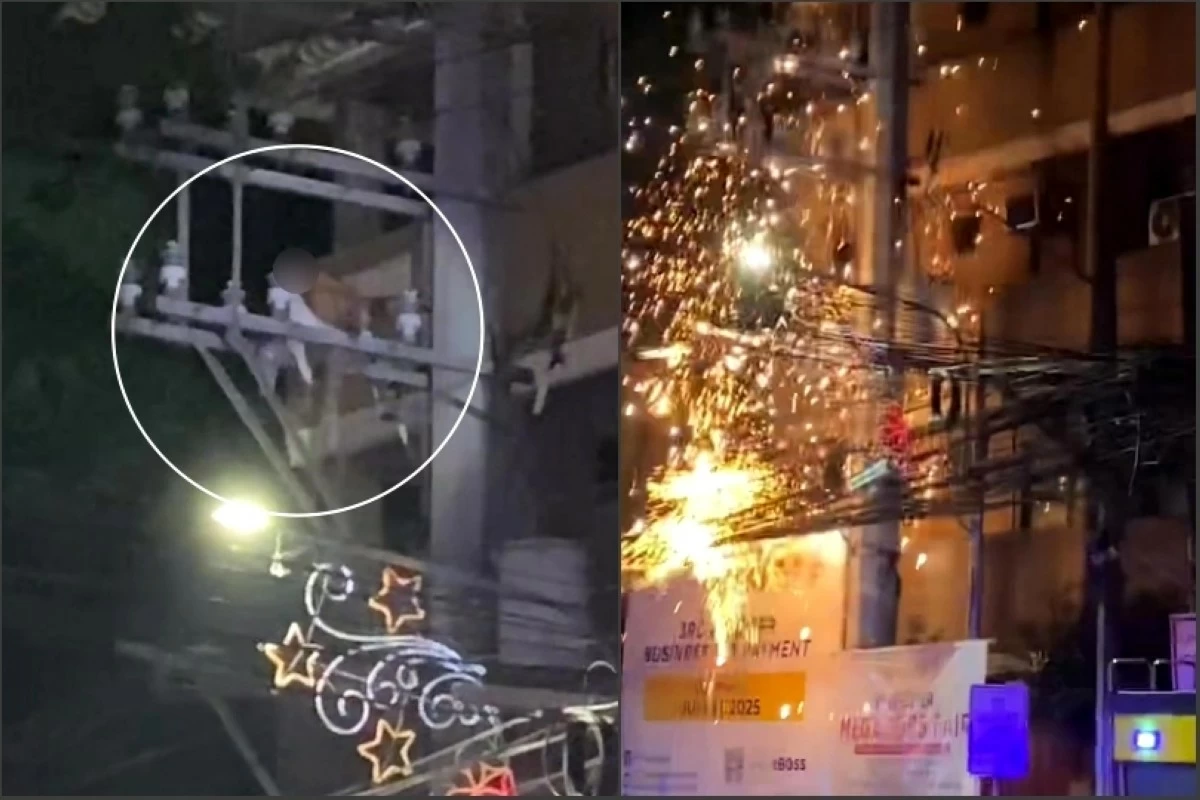 The man who climbed an electric post in Muntinlupa on July 5 (Screenshots from video of Albert Anthony Balmes)