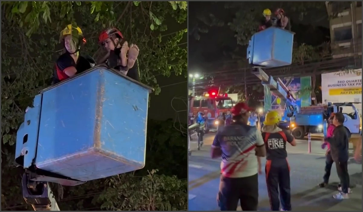 Rescue personnel bringing down the man who climbed a Meralco post in Muntinlupa on July 5 (Screenshots from video of Mayor Ruffy Biazon)