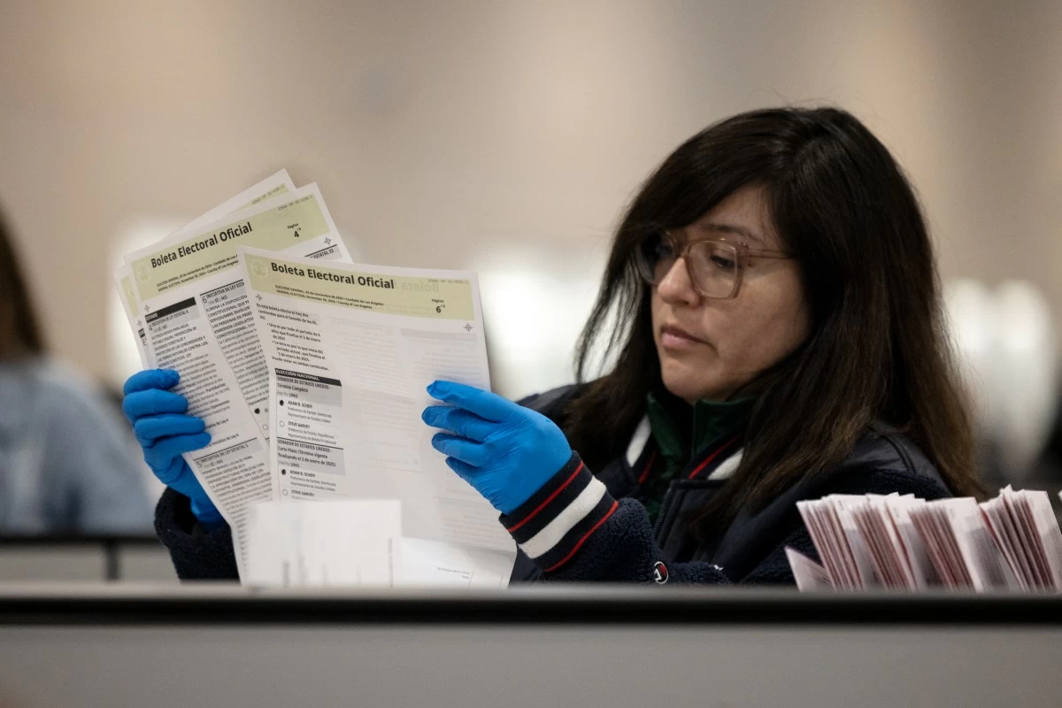FILE - An employee sorts ballots at Los Angeles County Election Center on Election Day, Nov. 5, 2024, in City of Industry, Calif. (AP Photo/Etienne Laurent, File)