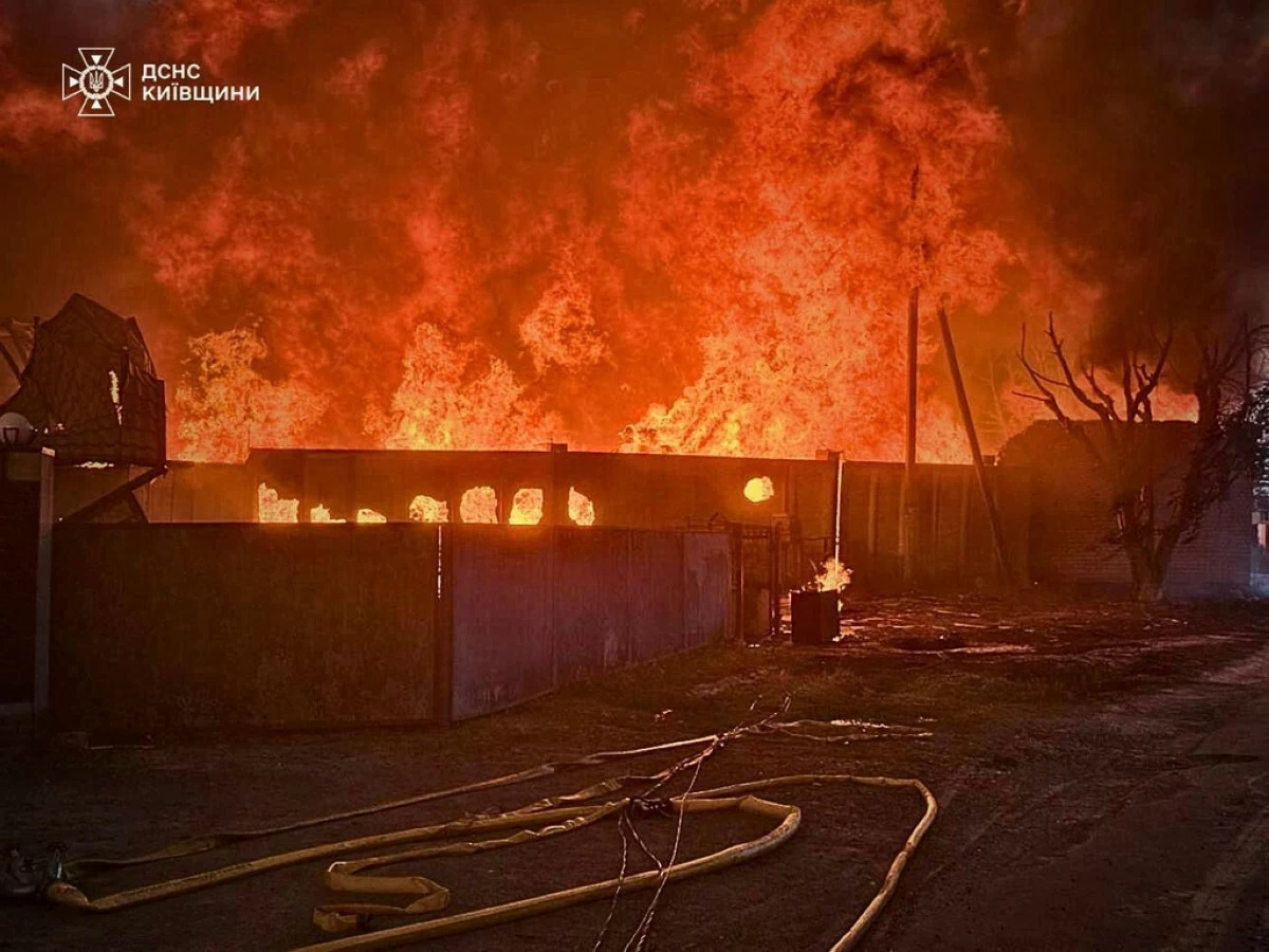 This photo provided by the Ukrainian Emergency Service shows a fire following a Russian attack in Kyiv region, Ukraine, Wednesday, July 9, 2025. (Ukrainian Emergency Service via AP)