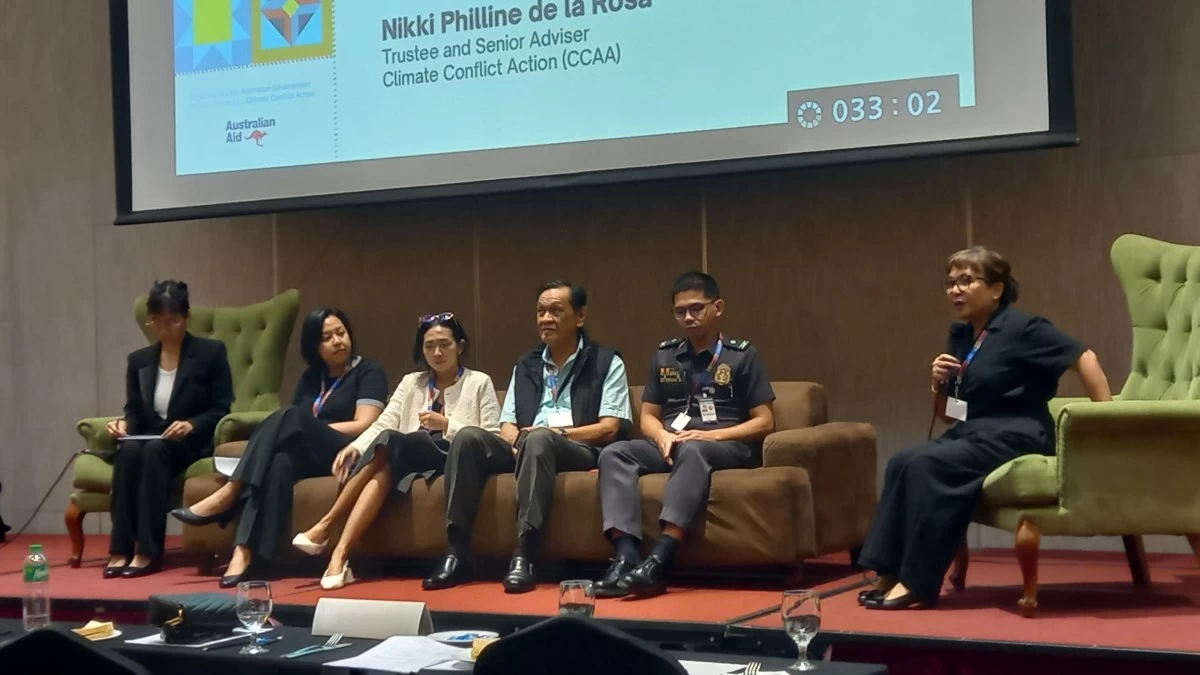 Panelists take part in a discussion on restorative justice during the second day of the National Conference on Restorative Justice held on July 9, 2025, at Luxent Hotel in Quezon City. From left: Atty. Tricia Clare A. Oco, Executive Director of the Juvenile Justice and Welfare Council (JJWC); Ms. Chontit Chuenurah, Director of the Office for Bangkok Rules and Treatment of Offenders, Thailand Institute of Justice; Nicole Angelie Policarpio, Program Manager, Climate Conflict Action (CCAA); Prof. Moctar Matuan (Ret.), Marawi State University; JSINSP Marc Francis Bauya, Warden, BJMP Trece Martires City; and Nikki Philline de la Rosa, Trustee and Senior Adviser, CCAA (facilitator). (Trixee Rosel/MB)