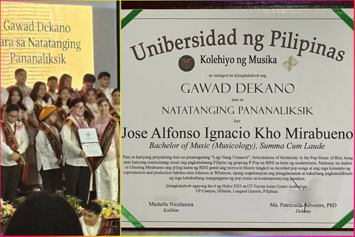Jose Alfonso Ignacio Mirabueno receiving the UP Diliman College of Music Dean's Award for Outstanding Research for his thesis on BINI (Photos: Oey Mirabueno) 
