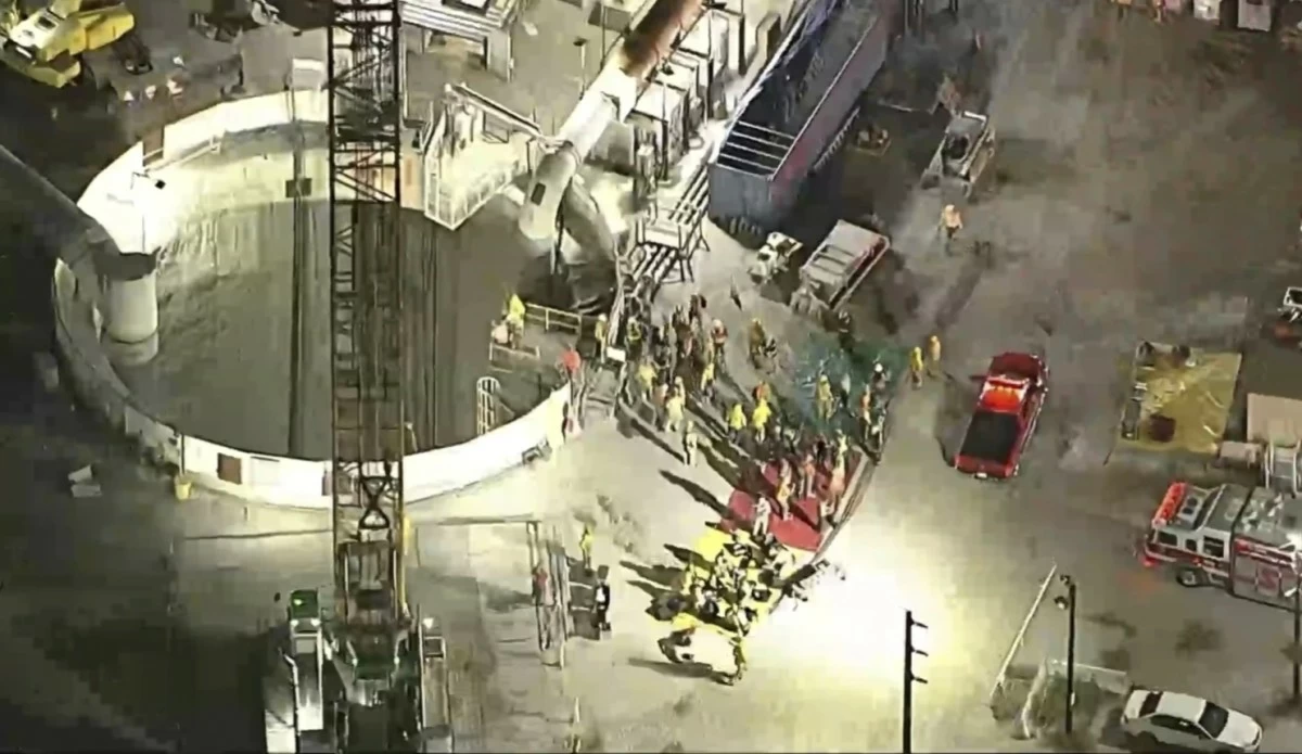 This image taken from footage provided by KABC/ABC7 Los Angeles shows first responders working the scene after a tunnel collapsed on Wednesday, July 9, 2025, in Los Angeles. (KABC/ABC7 Los Angeles via AP)