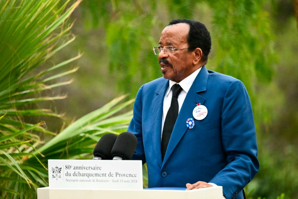 FILE - Cameroon President Paul Biya delivers a speech during a ceremony at the Boulouris National Cemetery in Boulouris-sur-Mer, south eastern France, Aug. 15, 2024. (Christophe Simon, Pool via AP, File)