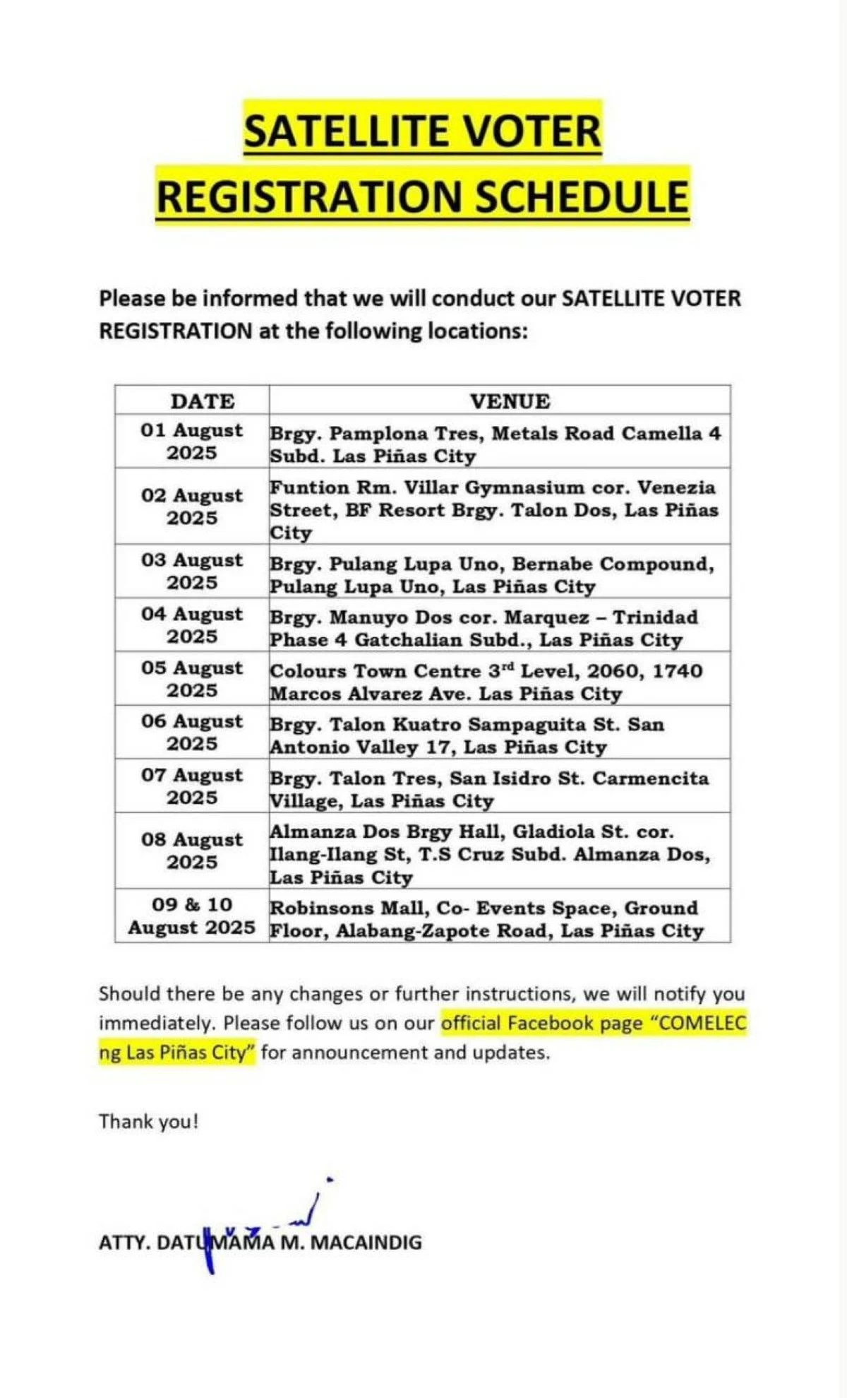 Comelec's schedule of satellite voter registration. (Photo from Las Pinas PIO)