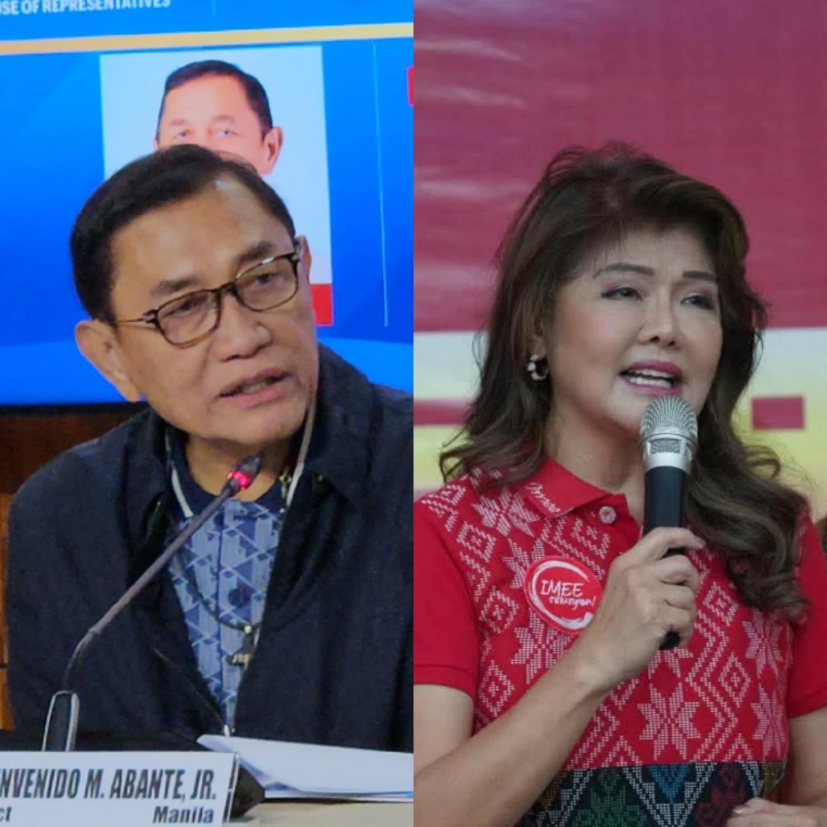 Manila 6th district Rep. Bienvenido "Benny" Abante Jr. (left), Senator Imee Marcos (MANILA BULLETIN, Facebook)
