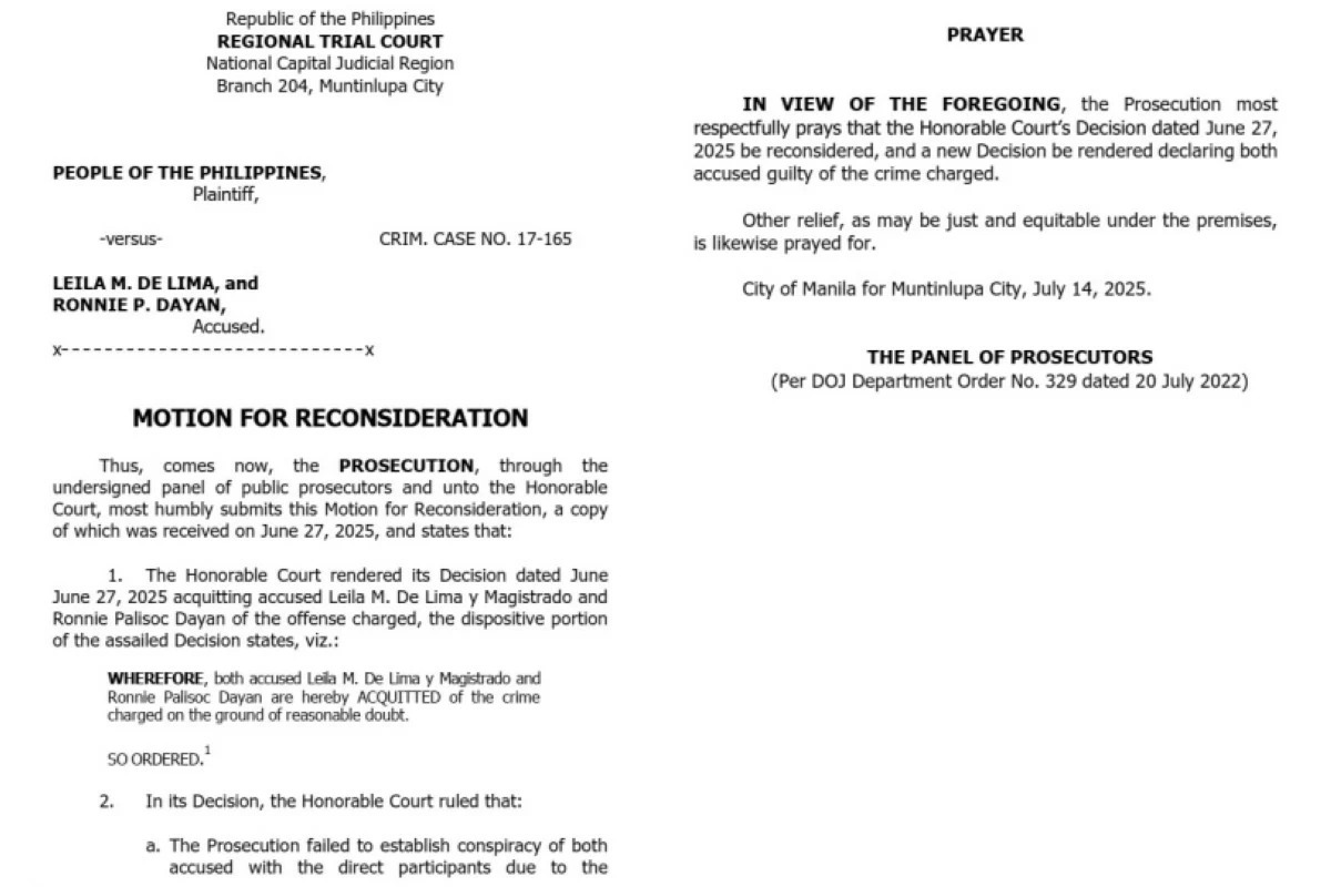 The motion for reconsideration filed by government prosecutors with the Muntinlupa Regional Trial Court Branch 204