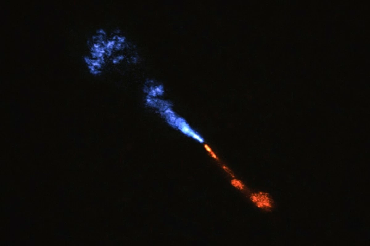 This image provided by the European Southern Observatory on Tuesday, July 15, 2025, shows jets of silicon monoxide blowing away from the baby star HOPS-315. (ALMA(ESO/NAOJ/NRAO)/M. McClure et al. via AP)