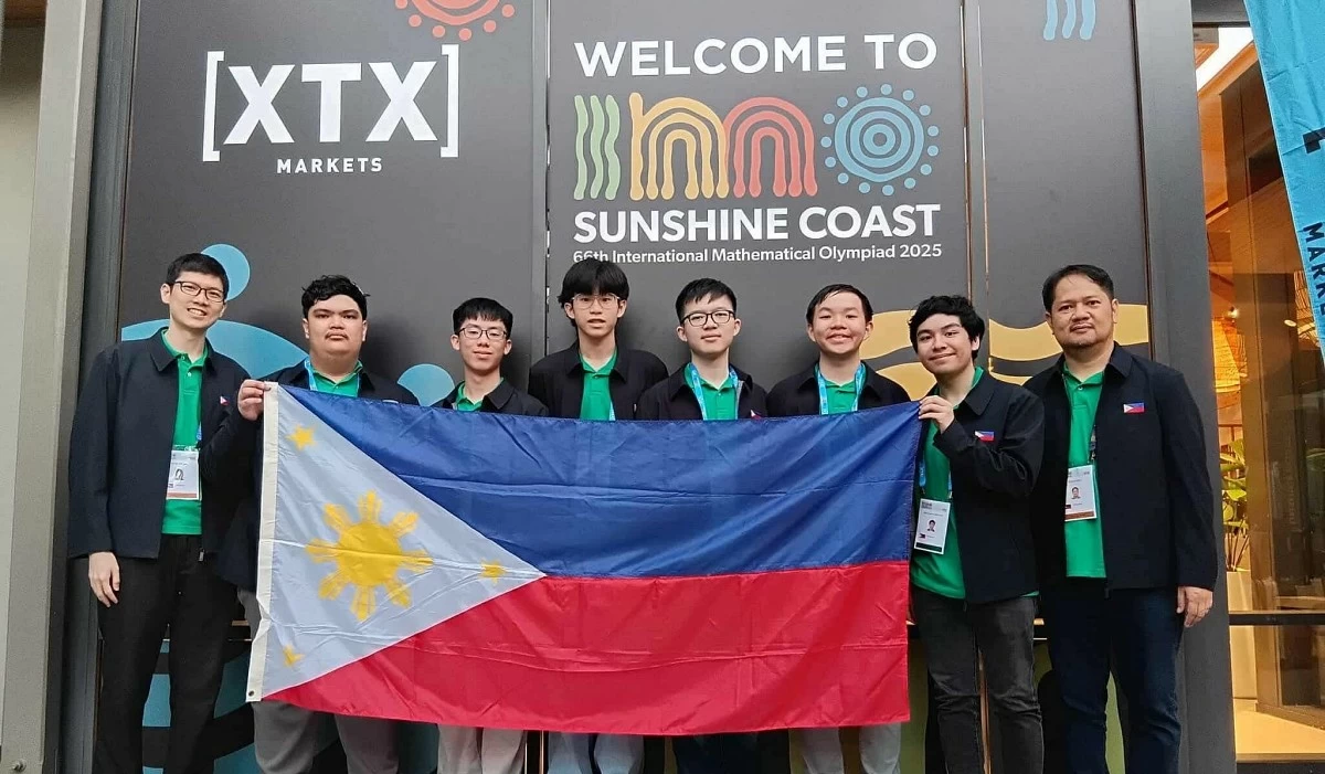 The Philippine team at the 66th IMO in Australia. They are (from left) deputy team leader Kerish Villegas, Ervin Joshua Bautista, Matthew Andrei Go, Nathan Gabriel Neria, Luke Sebastian Sy, Jerome Austin Te,  Mark Justin Villafuerte, and trainer  Richard Eden. (Photo from Go for Gold: Philippine IMO Team) 