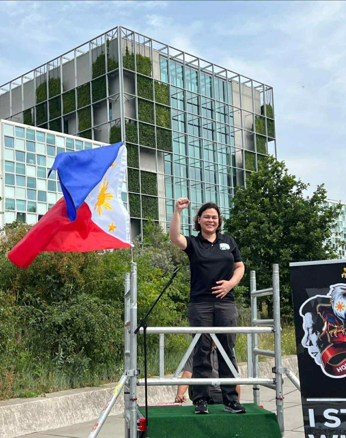 Vice President Sara Duterte speaks before supporters of her father, former president Rodrigo Duterte, in front of the International Criminal Court in The Hague on Saturday, July 19, 2025. (Photo from Alvin & Tourism via Facebook)