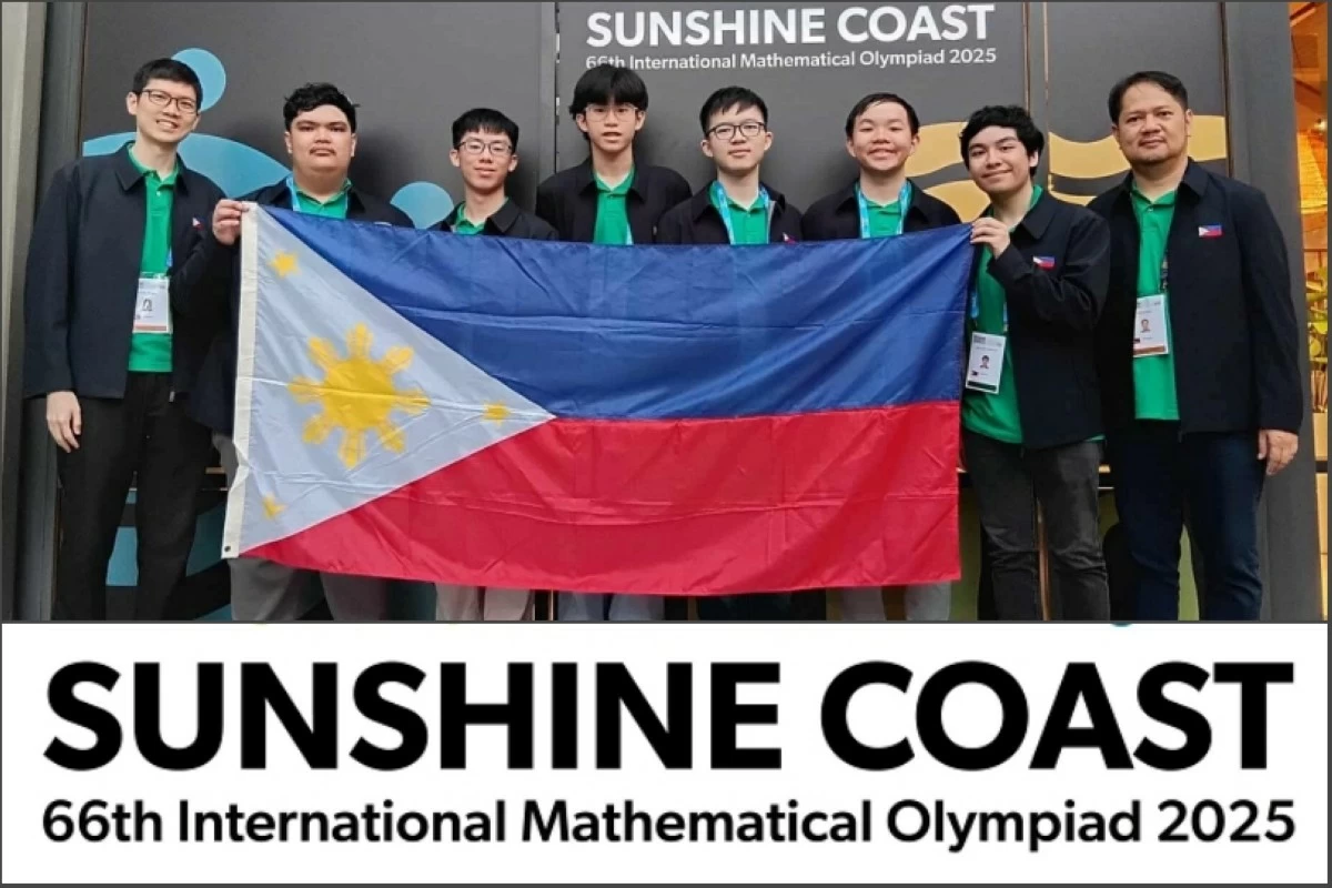 The Philippine team at the 66th IMO in Australia. They are (from left) deputy team leader Kerish Villegas, Ervin Joshua Bautista, Matthew Andrei Go, Nathan Gabriel Neria, Luke Sebastian Sy, Jerome Austin Te,  Mark Justin Villafuerte, and Dr. Richard Eden. (Photos from Go for Gold: Philippine IMO Team and IMO 2025 Facebook page) 
