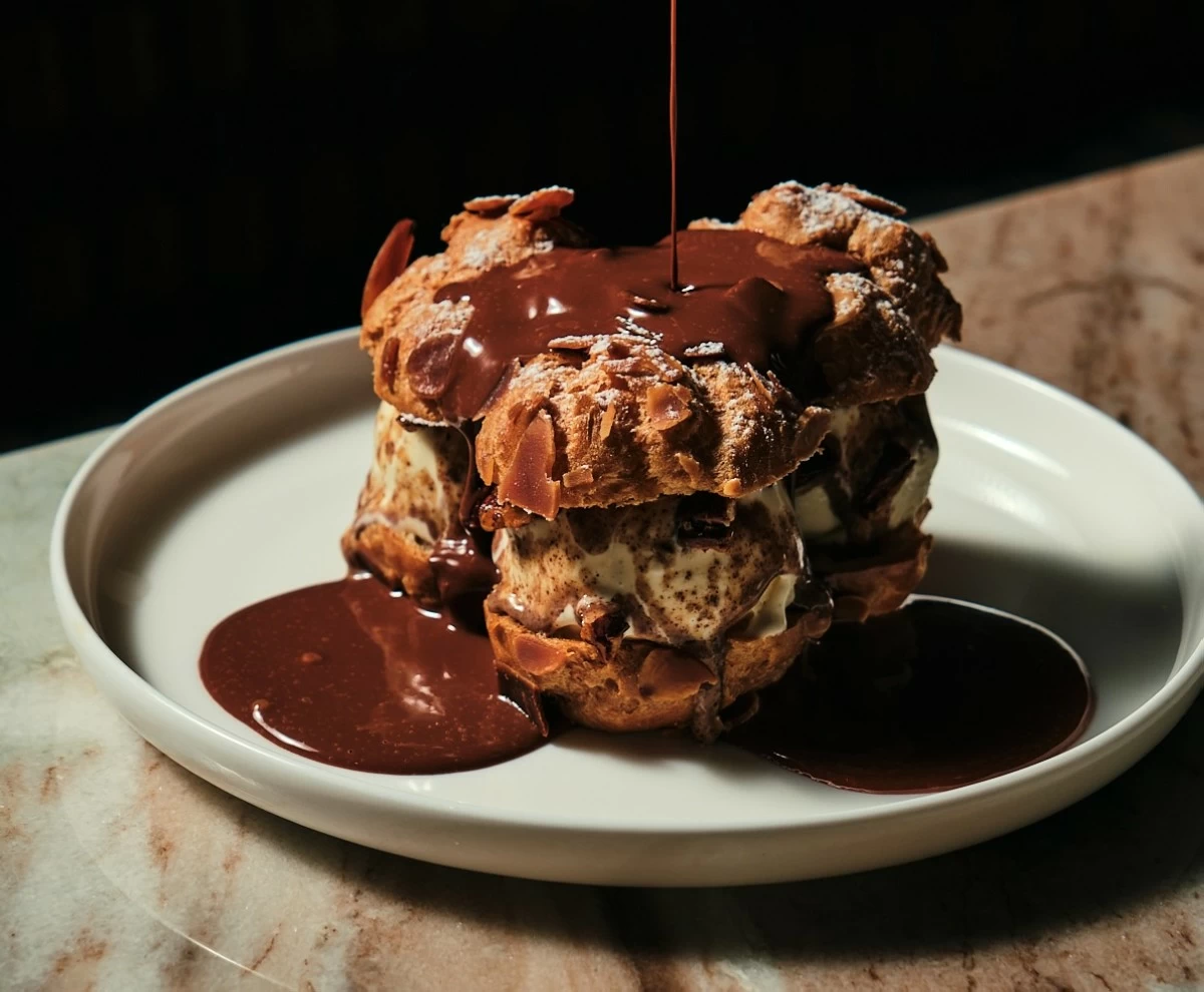 CREAM DREAMS Medusa’s profiteroles arrive crisp and golden, filled with ice cream and finished with a pour of warm chocolate sauce.