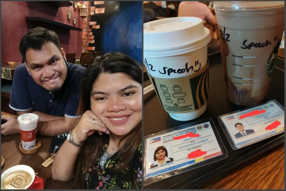Marivic and Daniel Cruz (left) and their Starbucks cups with 