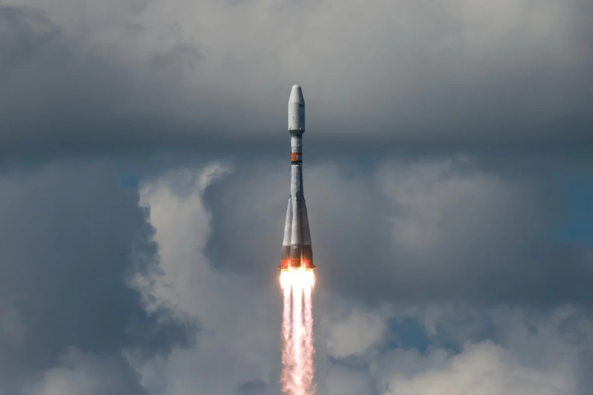 In this photo released by Roscosmos State Space Corporate on Friday, July 25, 2025, a Soyuz rocket lifts off from a launch site in Vostochny in far eastern Russia carrying an Iranian satellite along with Russian satellites into orbit. (Roscosmos State Space Corporate via AP)