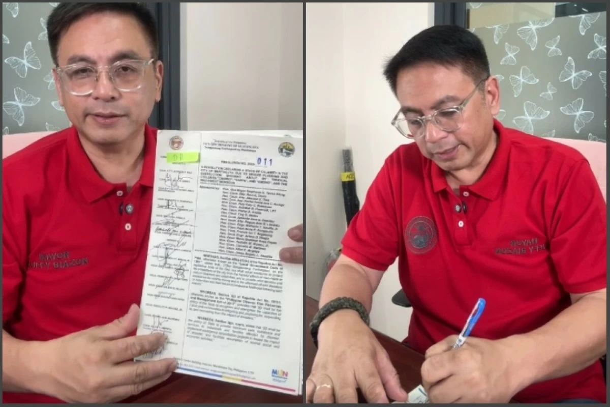 Muntinlupa Mayor Ruffy Biazon signs Resolution No. 2025-011 declaring Muntinlupa under a state of calamity (Screenshots from Mayor Biazon's video) 