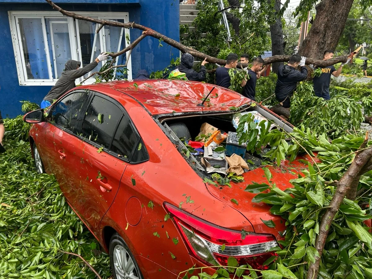 A Joint Task Force Karagatan personnel’s private vehicle sustained significant damage at the height of Tropical Cyclone Emong. (Photo: Philippine Navy)