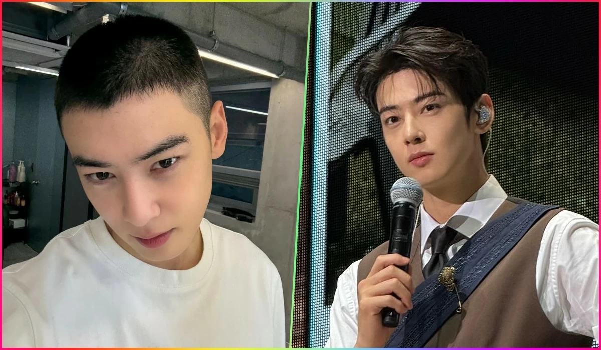 Cha Eun-woo sporting a short hair for his military service (left) (Instagram) 