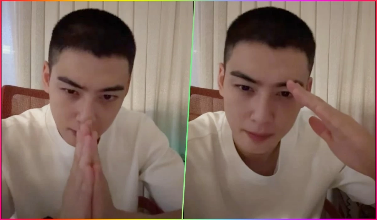 Cha Eun-woo giving thanks to fans and saluting during a YouTube live broadcast on July 27 (Screenshots from YouTube)