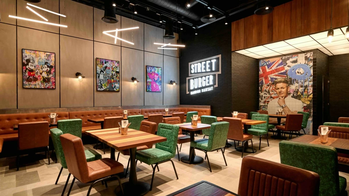 URBAN BITE Street Burger’s interiors blends industrial edge with brick walls, and 90s-style pop art for an effortlessly cool, urban vibe.