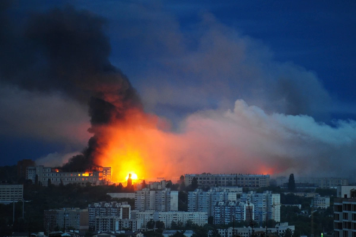 FILE - Fire and smoke rise from the site where a Russian missile struck a residential area in Kharkiv, Ukraine, Saturday, June 7, 2025, (AP Photo/Anatolii Lysianskyi, File)
