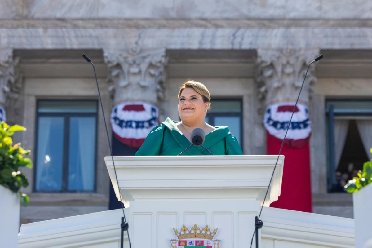 FILE - Jenniffer Gonzalez speaks after she was sworn in as governor outside the Capitol in San Juan, Puerto Rico, Jan. 2, 2025. (AP Photo/Alejandro Granadillo, File)