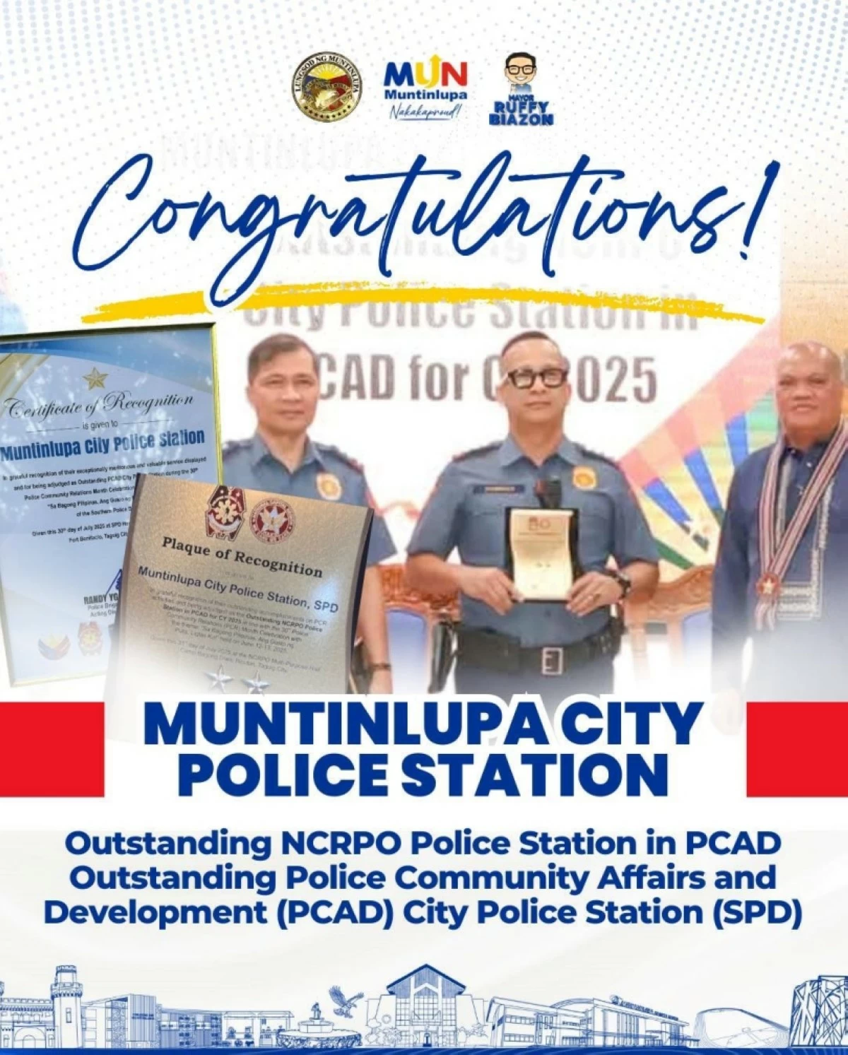 The Muntinlupa police headed by Col. Robert Domingo was awarded the Outstanding NCRPO Police Station in PCAD and Outstanding PCAD City Police Station for 2025 (Photo from Muntinlupa PIO) 