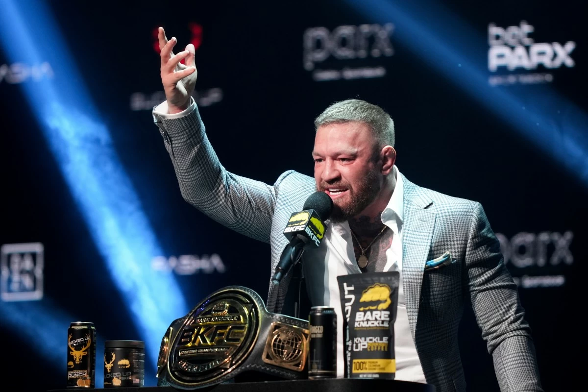 FILE - Conor McGregor speaks during a KnuckleMania V boxing news conference, Thursday, Jan. 23, 2025, in Bensalem, Pa. (AP Photo/Matt Rourke, File)