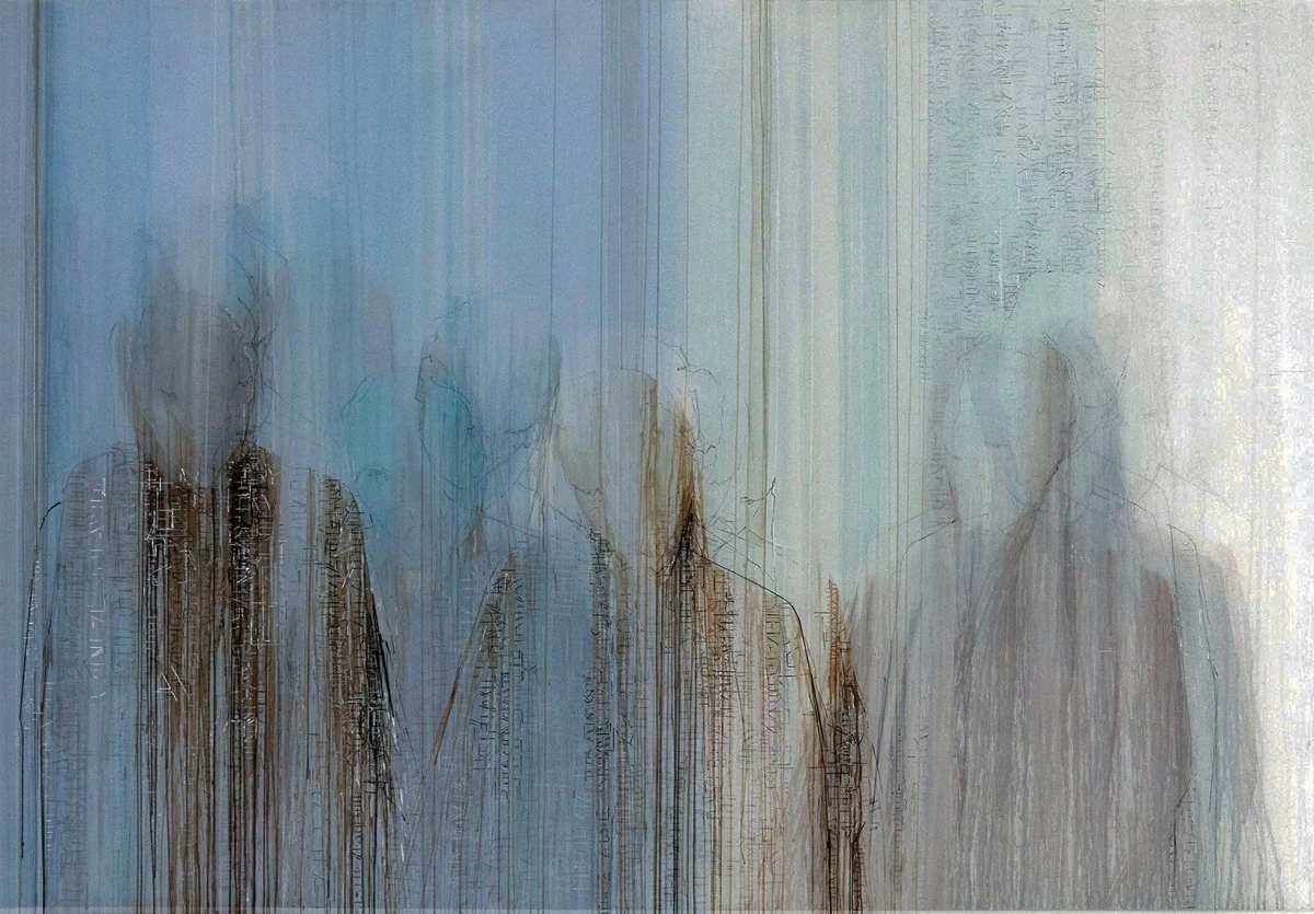 'STRANGE SHADOWS THAT COME FROM AFAR, FROM WHERE IT IS NOT, FROM ENCOUNTERS WITH NO ONE,' mixed media on canvas, 49.64x73.68 in, 2025