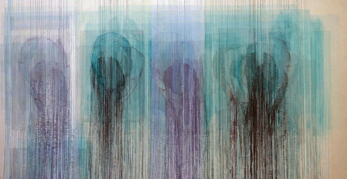 'FACE TO FACE BETWEEN THE LINES,' mixed media on canvas and wood, 48.07x92.59 in, 2025