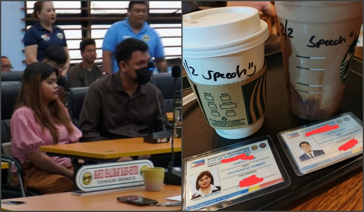 Marivic and Daniel Cruz at the public hearing (left) and their cups with "speech" written as their names done by a Starbucks barista at the Festival Mall branch in Alabang, Muntinlupa (Photos from Sanggunian Secretariat - Muntinlupa, Marivic Cruz's Facebook account) 