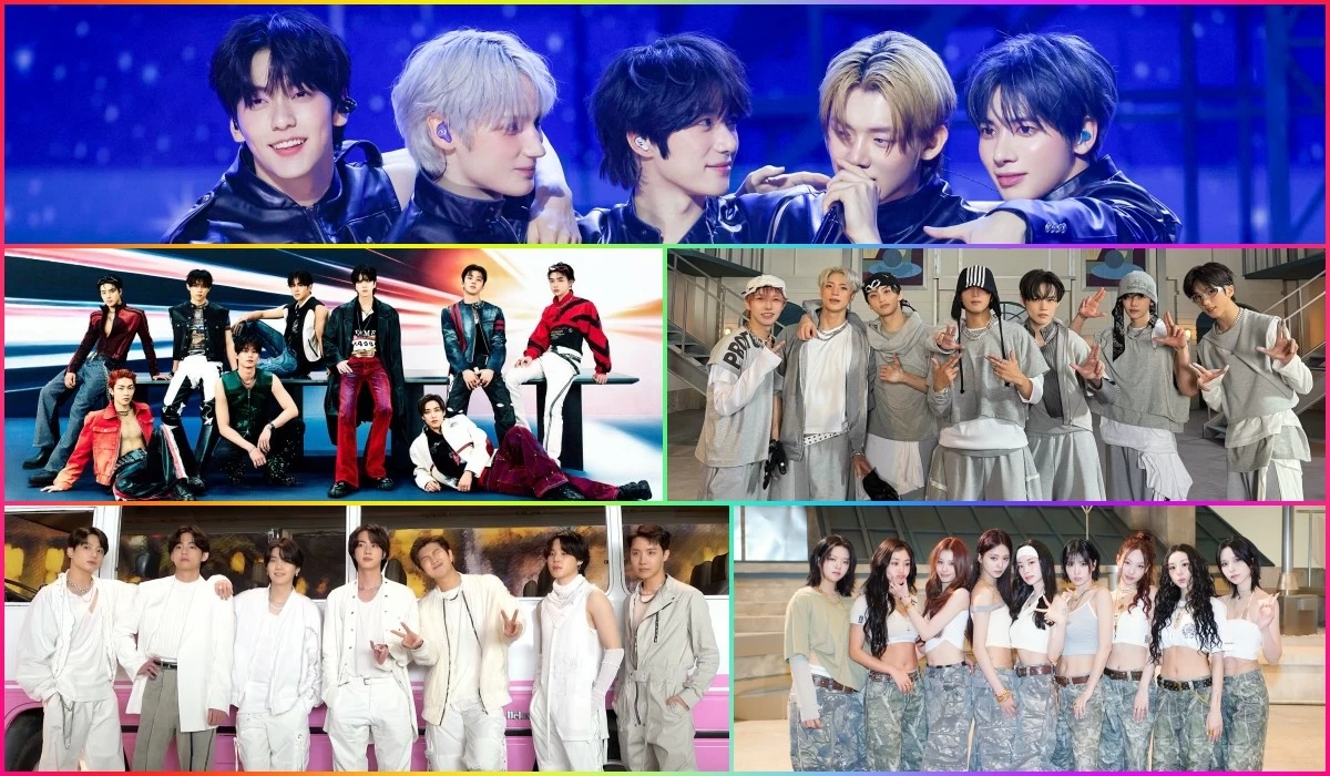 (Clockwise from top) Tomorrow X Together, NCT Dream, TWICE, BTS and The Boyz (X) 