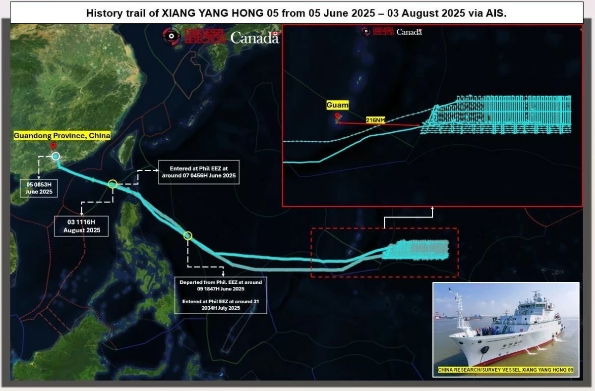 Historical trail of Chinese research vessel “Xiang Yang Hong 05” from June 5 to Aug. 3, 2025 via automatic identification system (AIS) (Courtesy of Philippine Coast Guard)