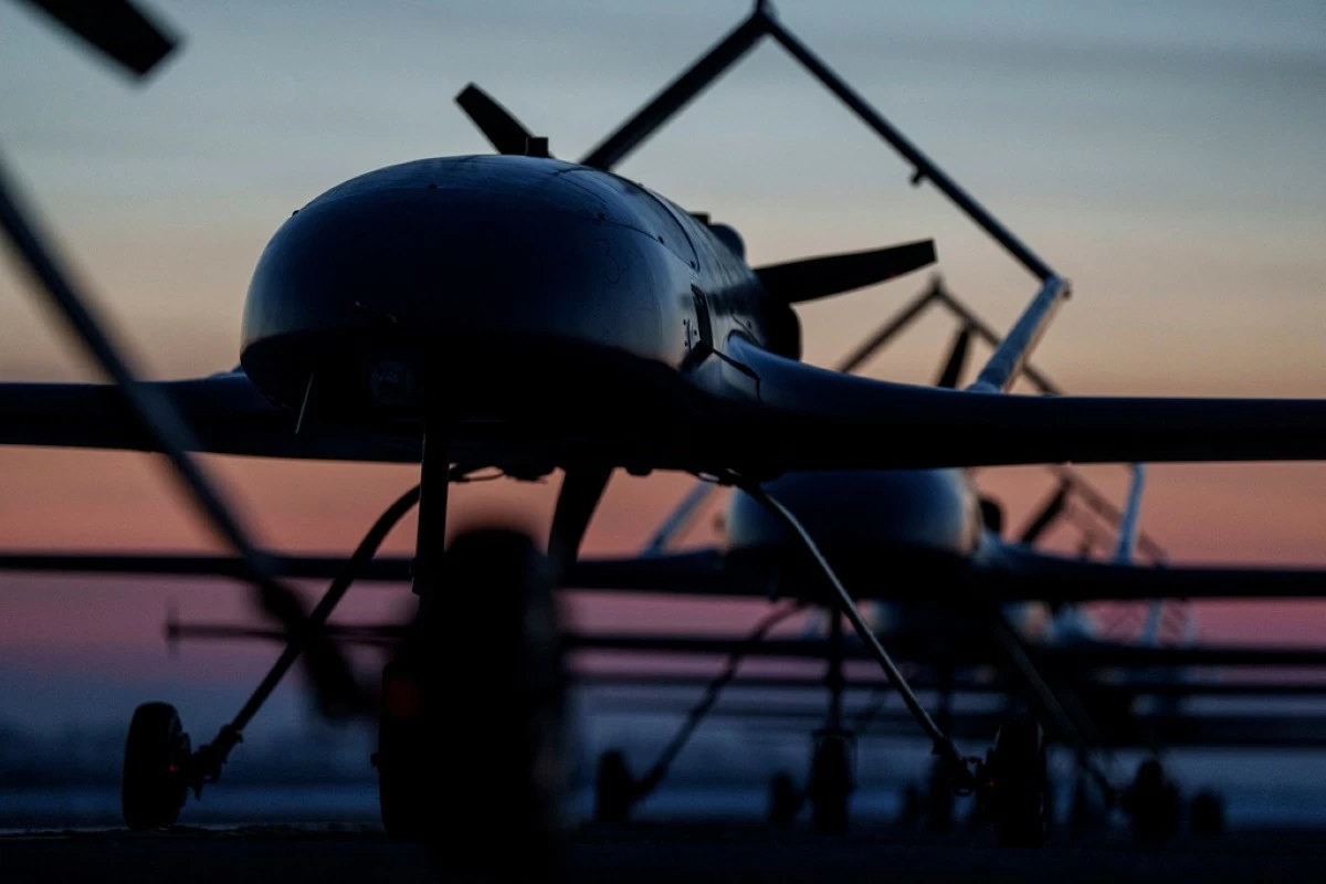 FILE - Long-range drones An-196 Liutyi of the Defence Intelligence of Ukraine stand in line before takeoff in undisclosed location, Ukraine, Feb. 28, 2025. (AP Photo/Evgeniy Maloletka, File)