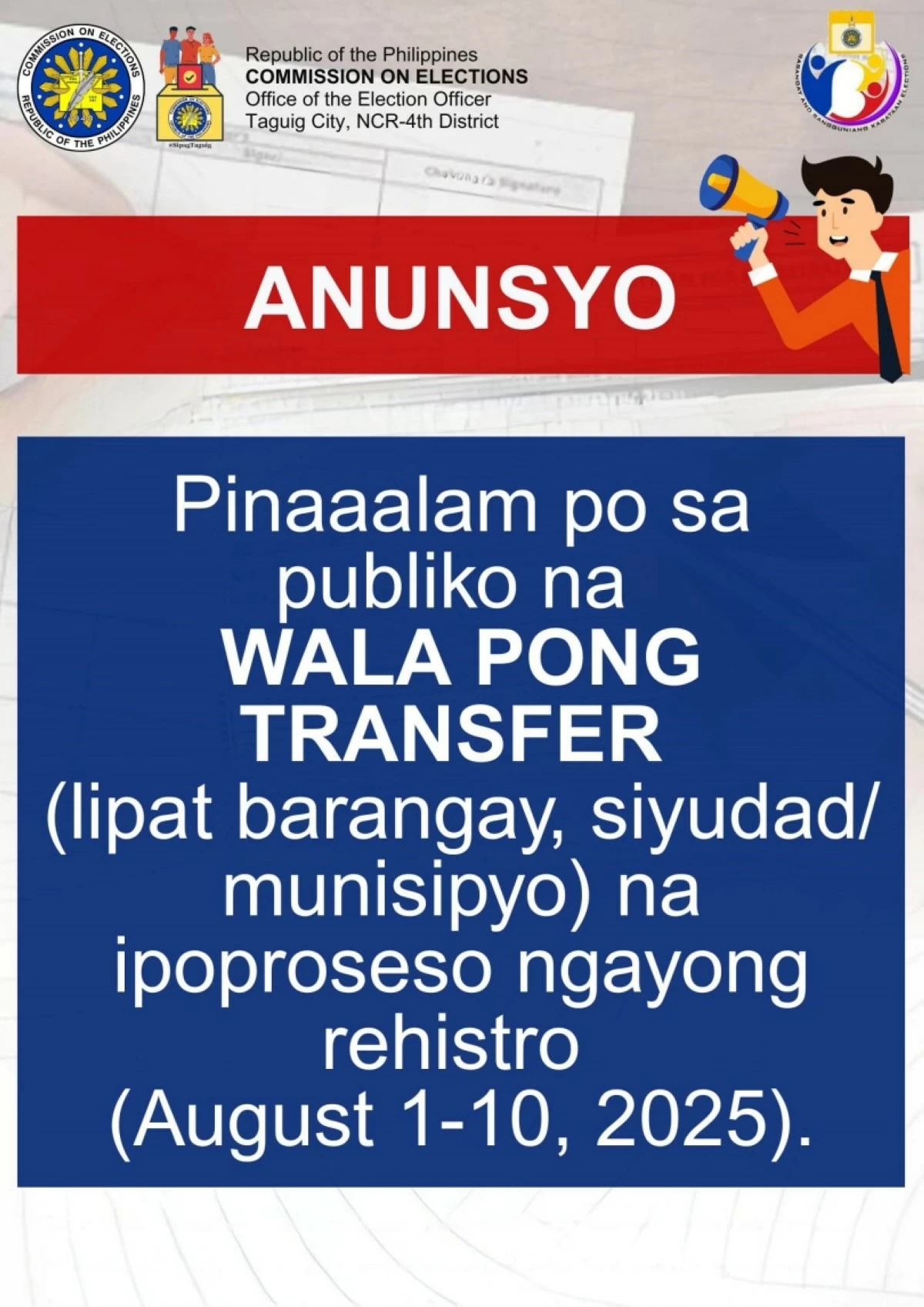 Announcement by Comelec Taguig (Photo from Comelec Taguig) 