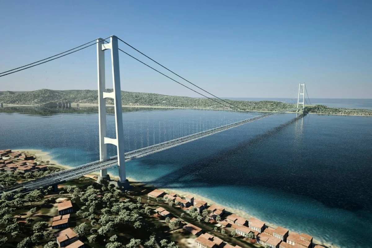 This digital rendering shows a bridge linking the Italian mainland with Sicily, a long-delayed 13.5 billion euro ($15.5 billion) project, that an interministerial committee with oversight of strategic public investments has approved, the Italian Transport Ministry said in a statement, Tuesday, Aug. 6, 2025. (Webuild – Eurolink Image Library via AP)