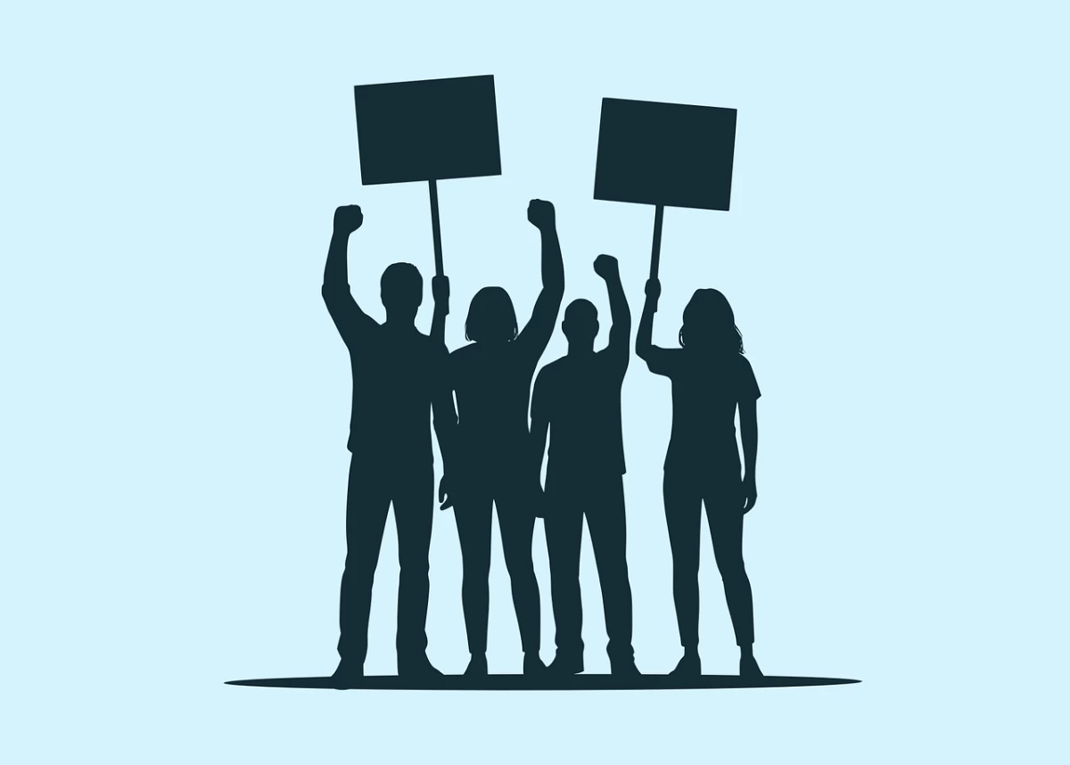 silhouette, social justice, protest, demonstration, rally, rights, justice, people, group, signs, fists raised, strength, unity, political action, stand up, voice, together