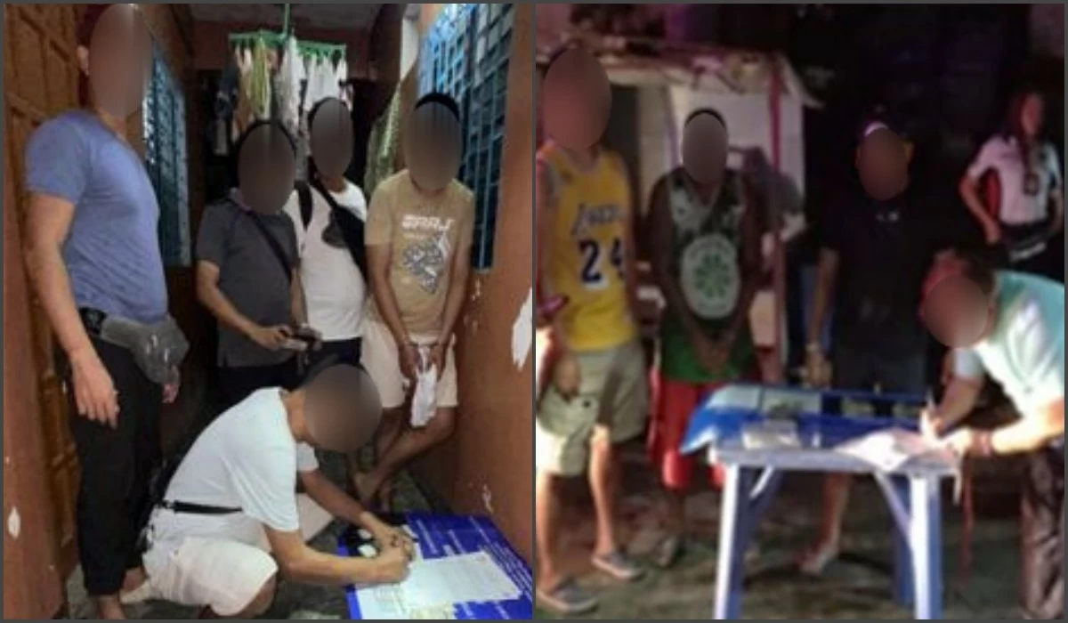 The Taguig police with the two suspects (Photos from Taguig police / SPD) 