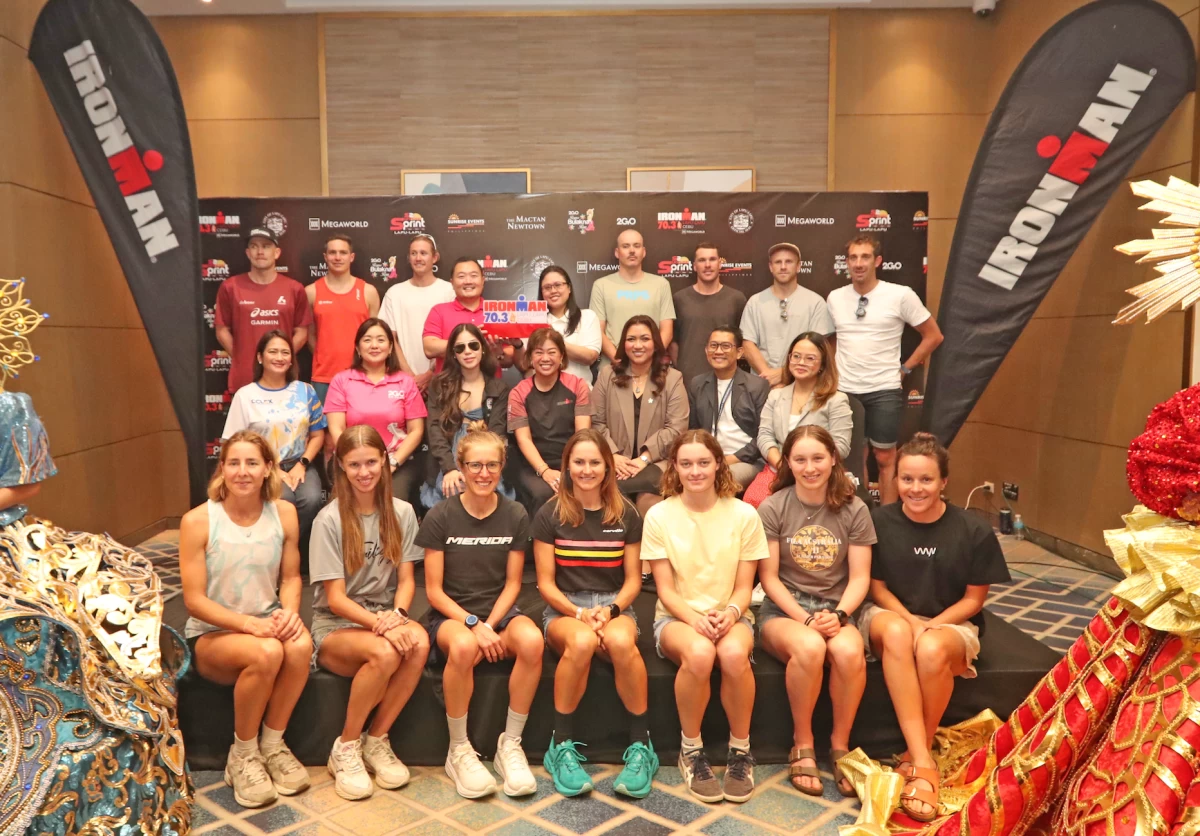 Top contenders in the premier pro division of the IRONMAN 70.3 Lapu-Lapu presented by Megaworld gather at the Belmont Hotel for Saturday’s press conference, joined by Brgy. Captain Jasmine Chan and SEI president/managing director Princess Galura (middle row, third and fourth from left, respectively).
