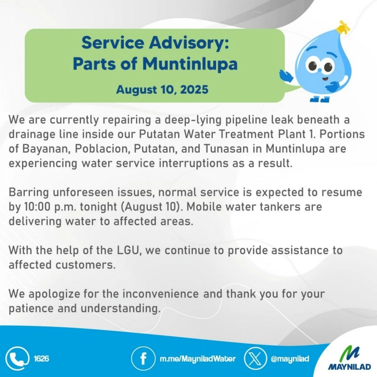 The advisory of Maynilad about the repair (Photo from Maynilad's Facebook page) 