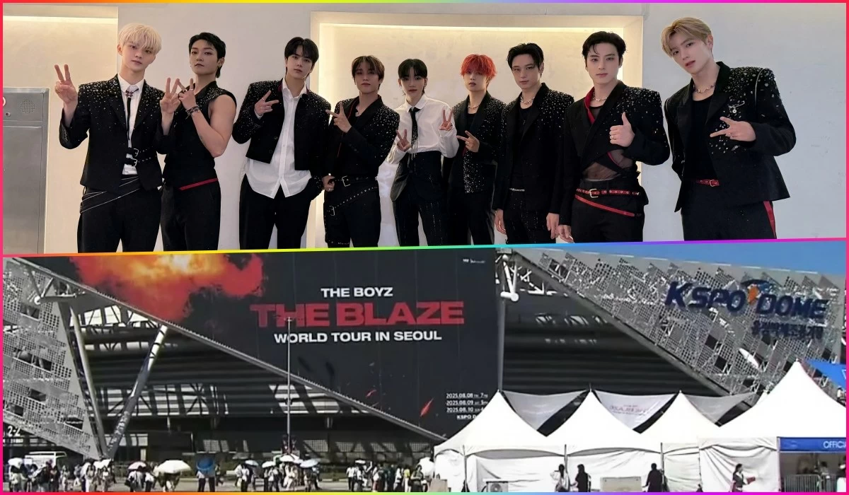 The Boyz (top) and the situation outside the KSPO Dome in Seoul on Aug. 10 (X and screenshot from KBS News video on YouTube)